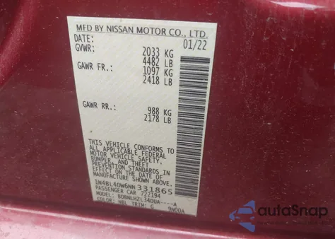 2022 Nissan Altima Sv Intelligent Awd from USA, damaged, VIN 1N4BL4DW6NN331865